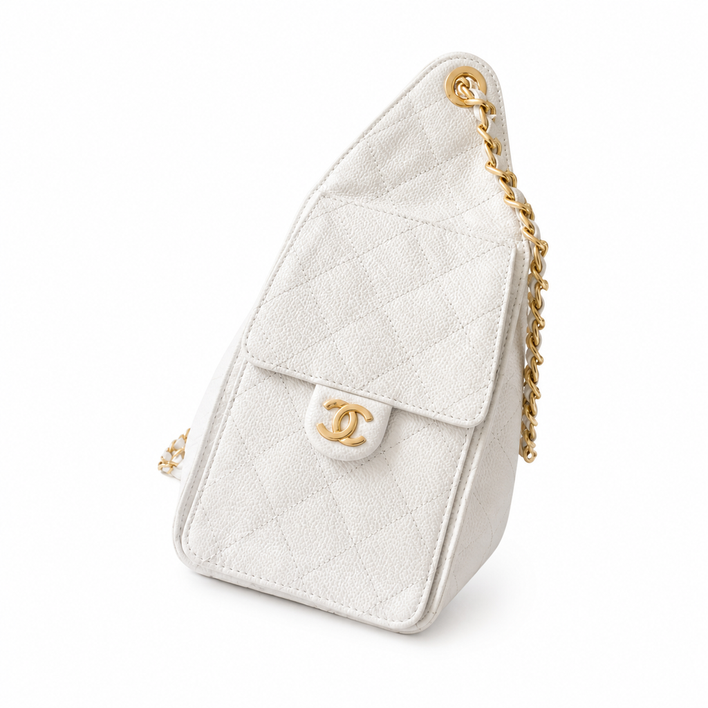 Chanel Quilted Leather Triangle Sling Backpack White Gold Hardware