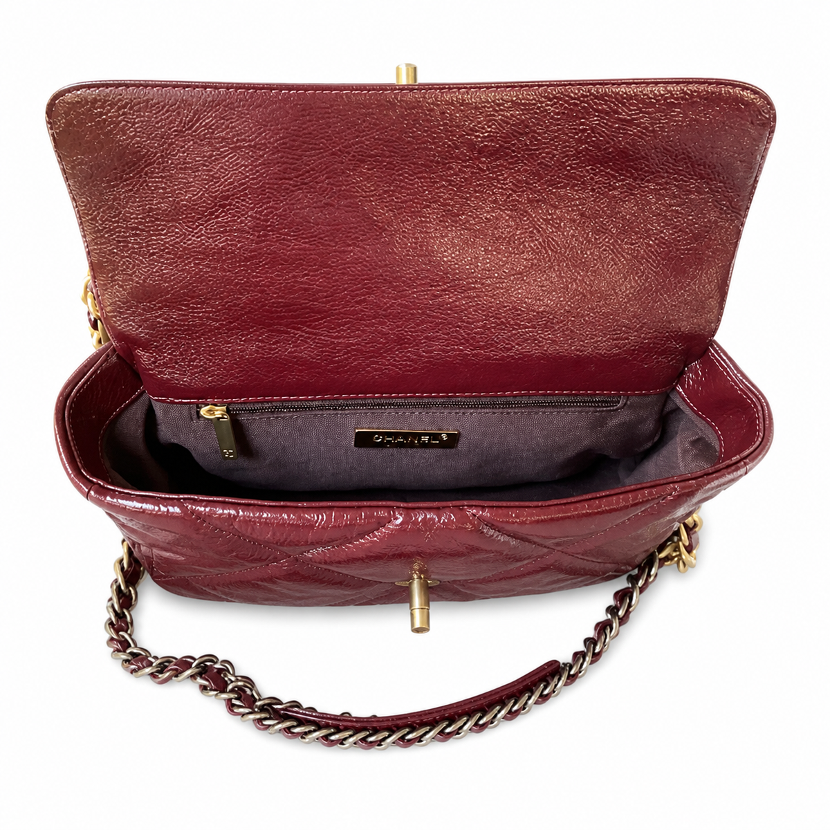 Chanel 19 Large Flap Bag Burgundy Crinkled Patent Leather Mixed Metal Chain CC Turn-Lock 26cm