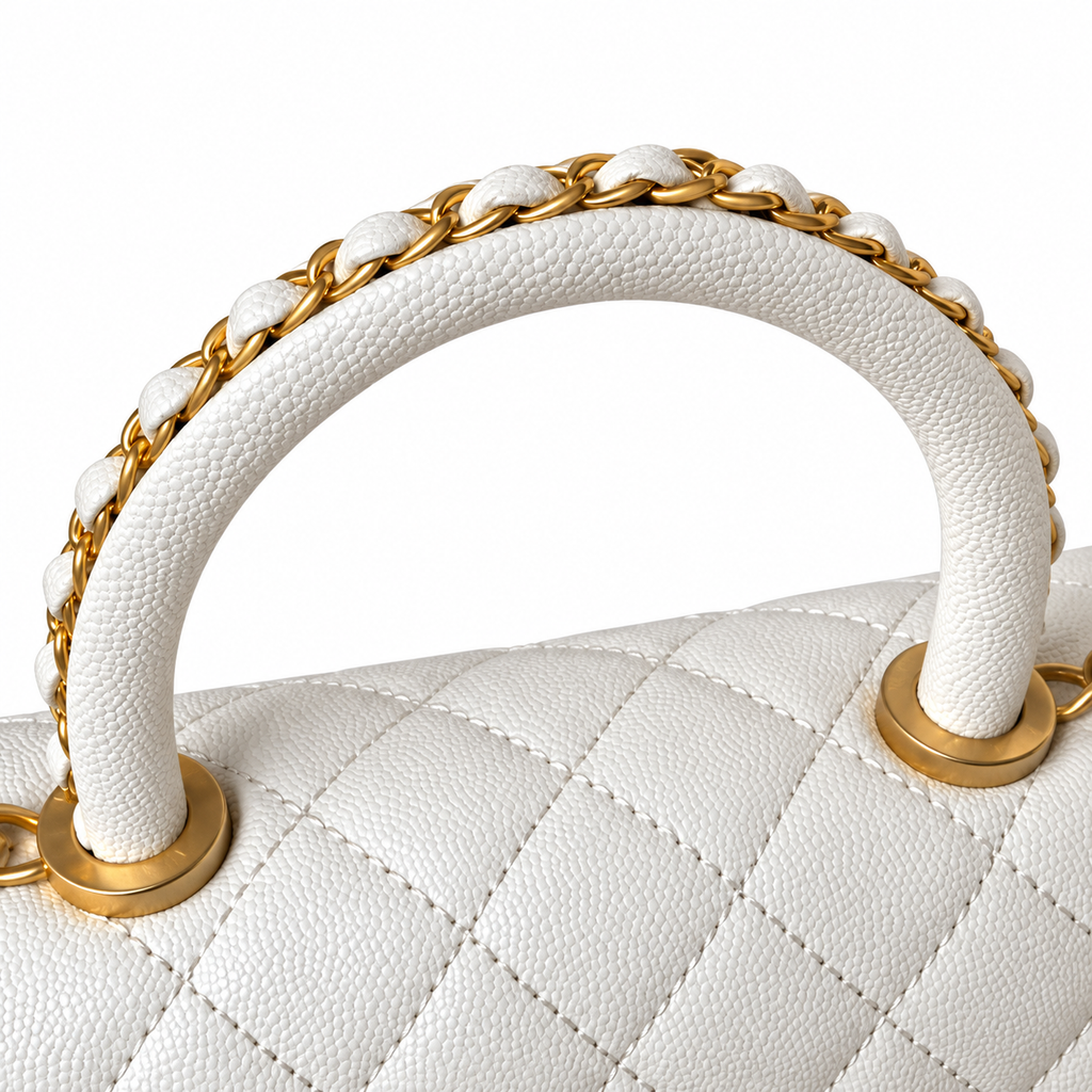 Chanel White Caviar Quilted Top Handle Crossbody Bag Antique Gold Hardware Chain Strap Base Studs 23cm