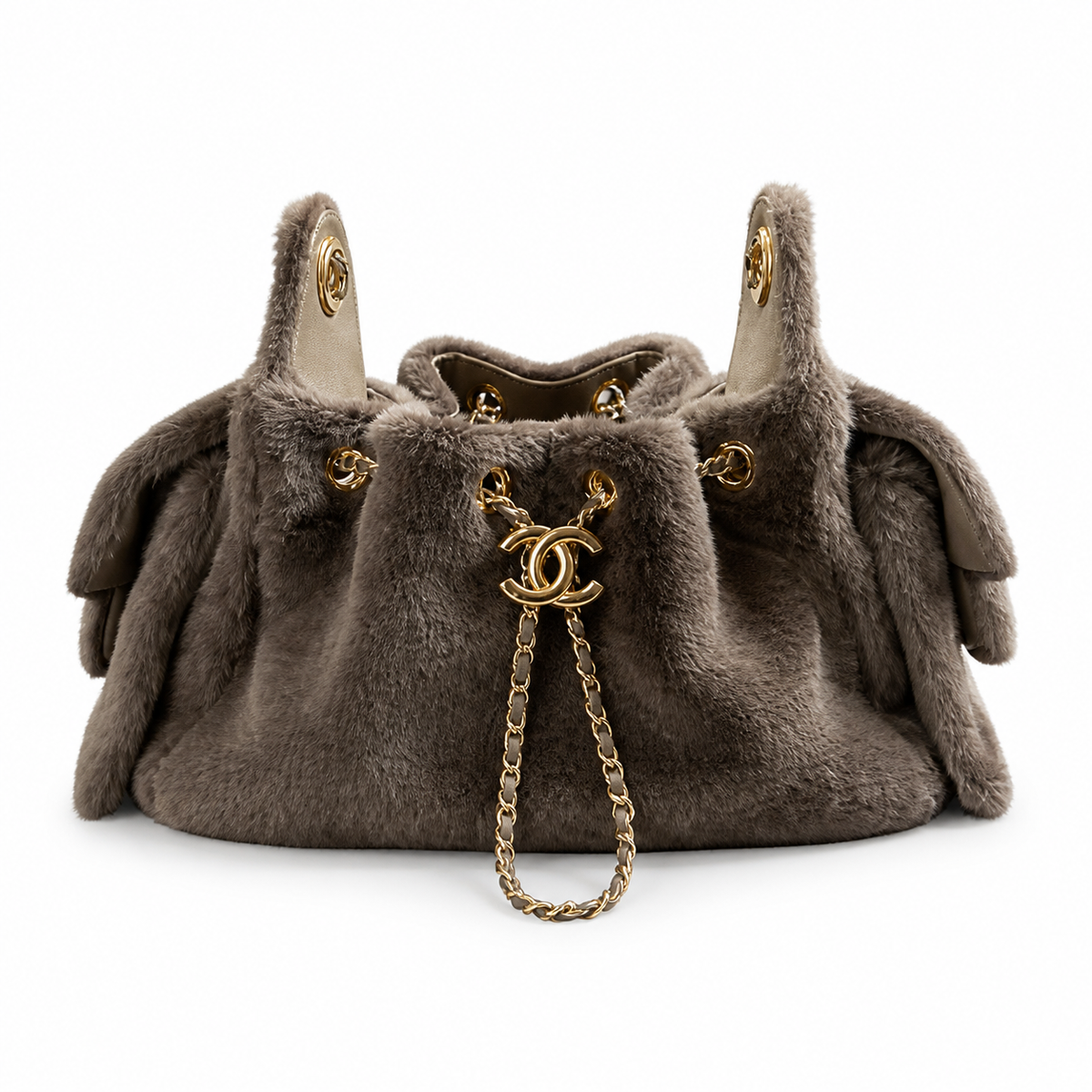 Chanel Taupe Faux Fur Drawstring Bucket Tote Bag Gold CC Chain
