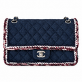 Chanel Quilted Navy Denim Flap Bag Multicolor Braid Trim 25cm