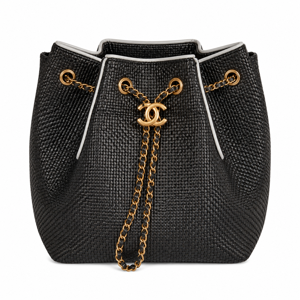 CHANEL Drawstring Bucket Bag – Black Caviar Leather White Trim Gold CC Chain 26×13.5×30cm