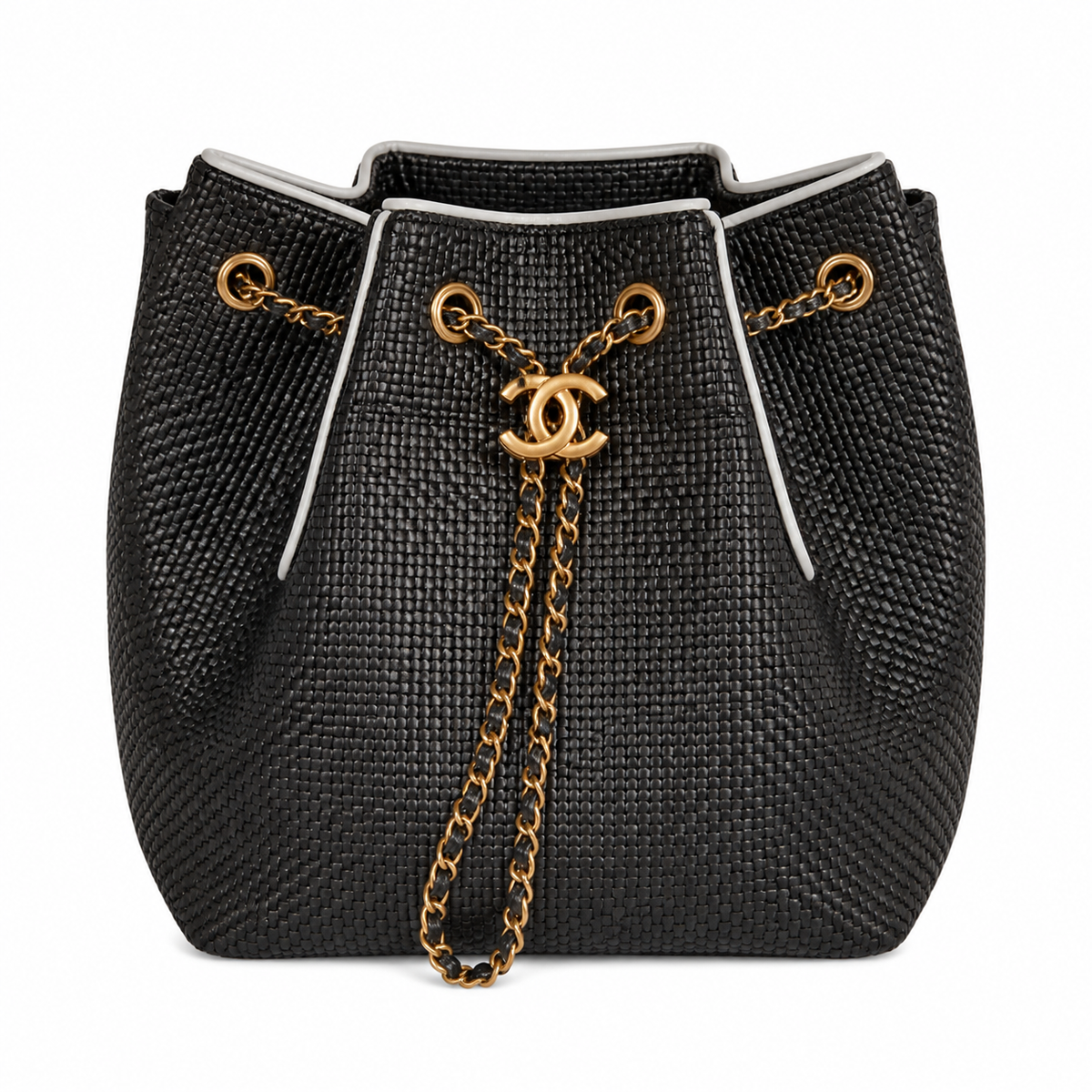 CHANEL Drawstring Bucket Bag – Black Caviar Leather White Trim Gold CC Chain 26×13.5×30cm