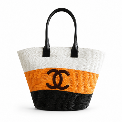 Chanel Beach Tote Bag | White Orange & Black Woven Raffia CC Logo Black Leather Handles | 58cm