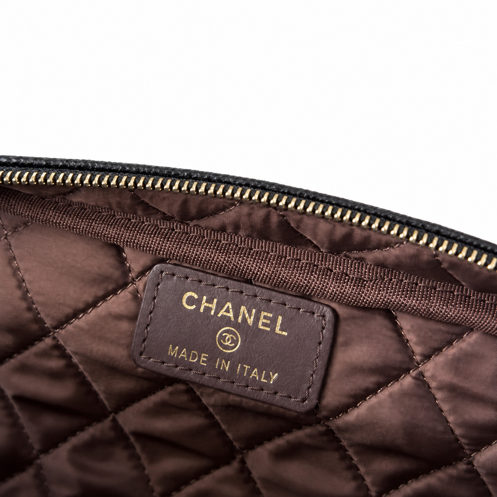 Chanel Black Lambskin Quilted Dome Demi-Lune Cosmetic Clutch Gold Zipper Silver Chain Wrist Strap Made in Italy 18cm