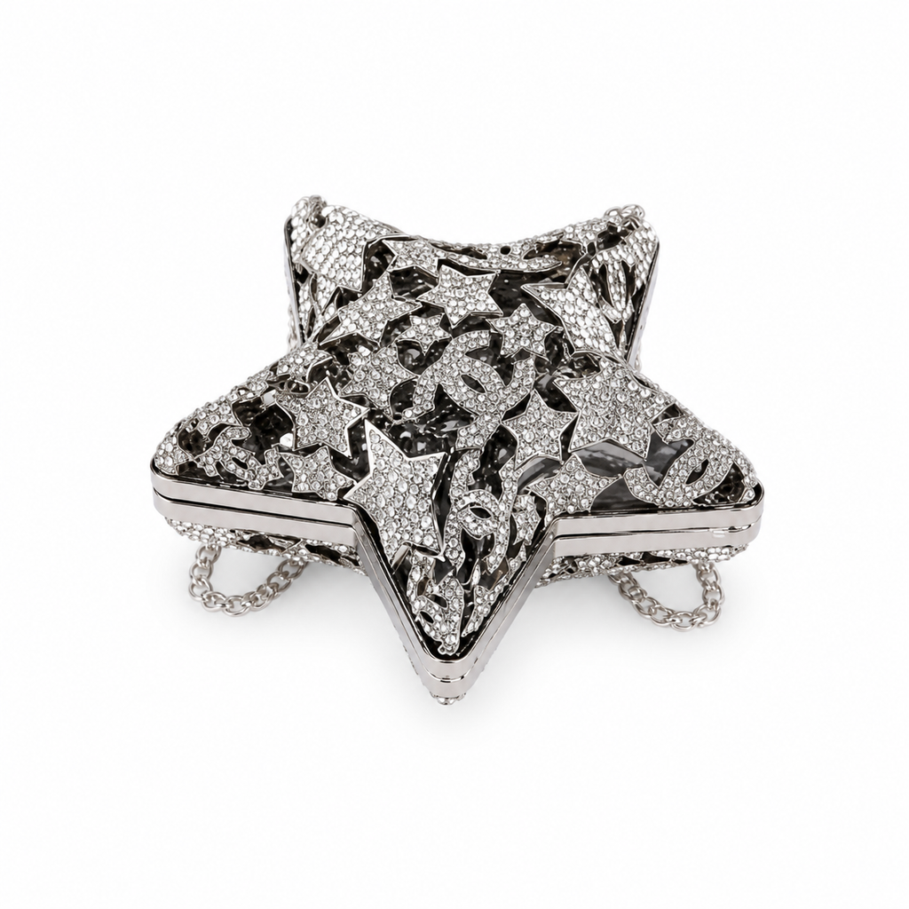 Chanel Silver Crystal Pavé Star Minaudière Evening Bag | CC Filigree | Gunmetal | 13cm