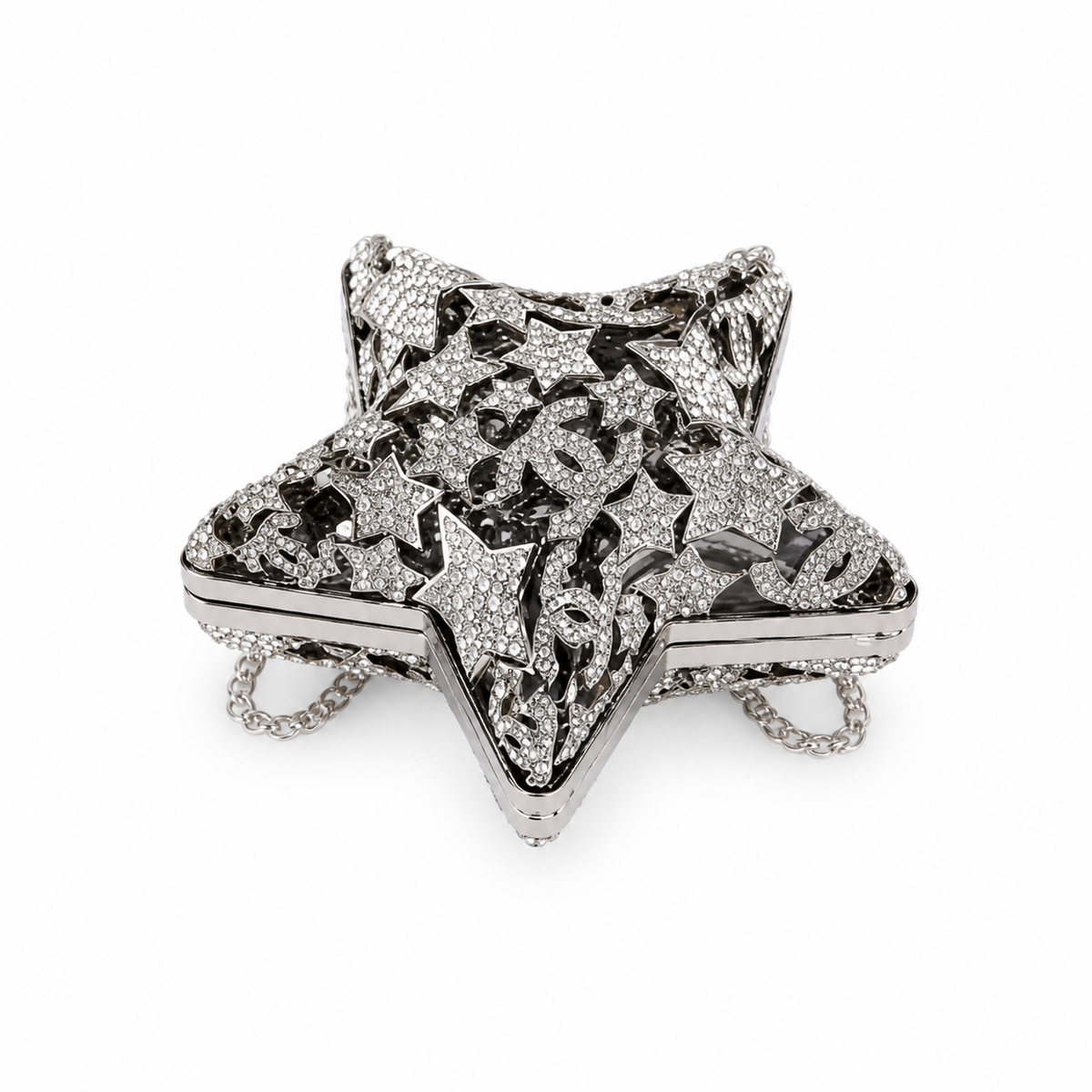 Chanel Silver Crystal Pavé Star Minaudière Evening Bag | CC Filigree | Gunmetal | 13cm