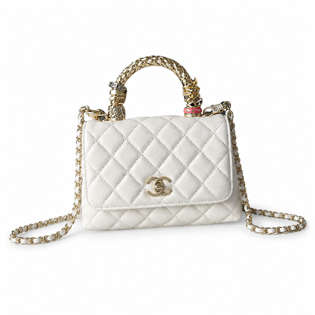 CHANEL White Quilted Lambskin Jewel Ring Top Handle Flap Chain Bag