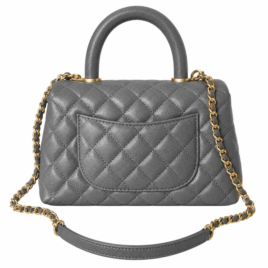 Chanel Gray Caviar Quilted Coco Handle Bag Aged Gold Hardware Back Pocket Chain Strap Made in Italy 23cm