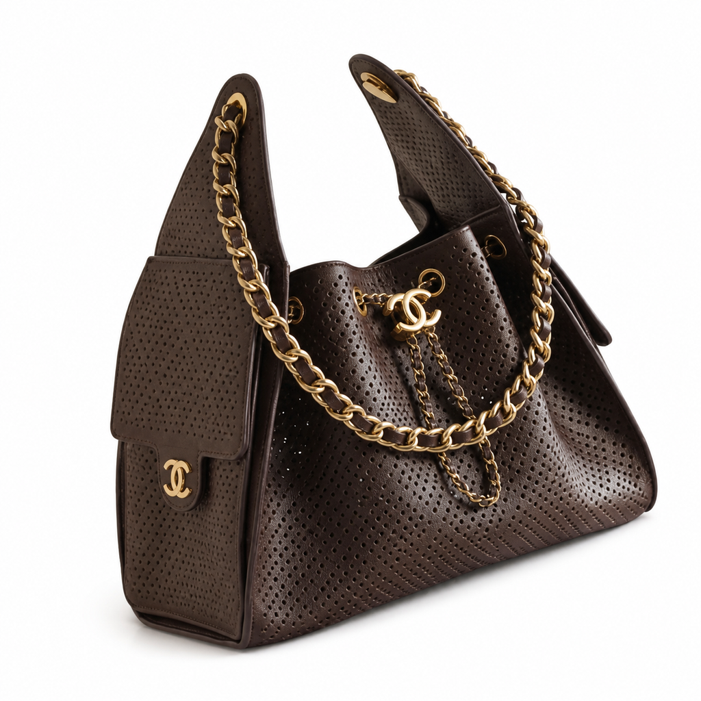 Chanel Perforated Leather Large Shoulder Bag Dark Brown Aged Gold CC Hardware 30cm