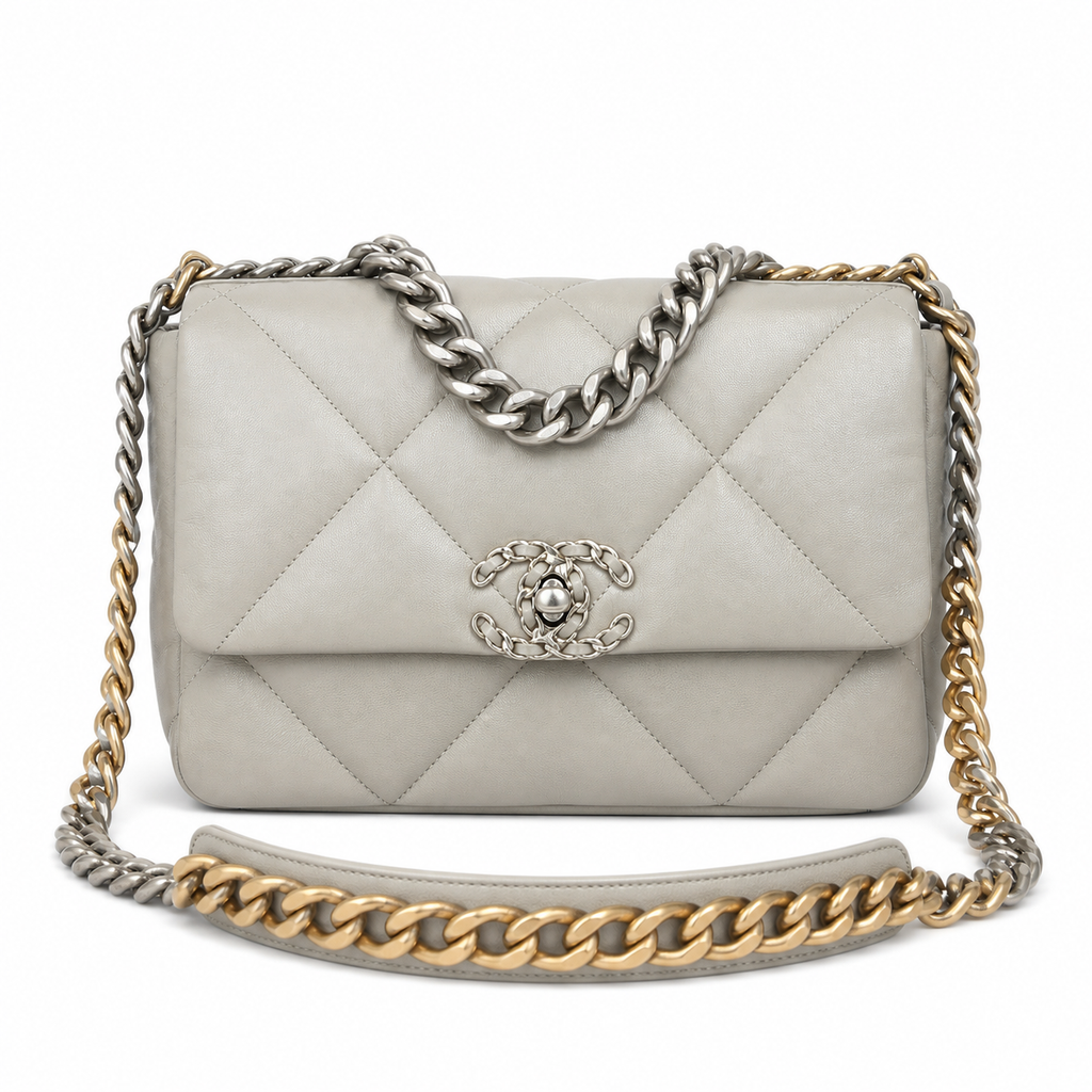 Chanel 19 Large Flap Bag Light Grey Quilted Lambskin Mixed Metal Chain Pearl CC Turn-Lock 26cm
