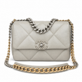Chanel 19 Large Flap Bag Light Grey Quilted Lambskin Mixed Metal Chain Pearl CC Turn-Lock 26cm