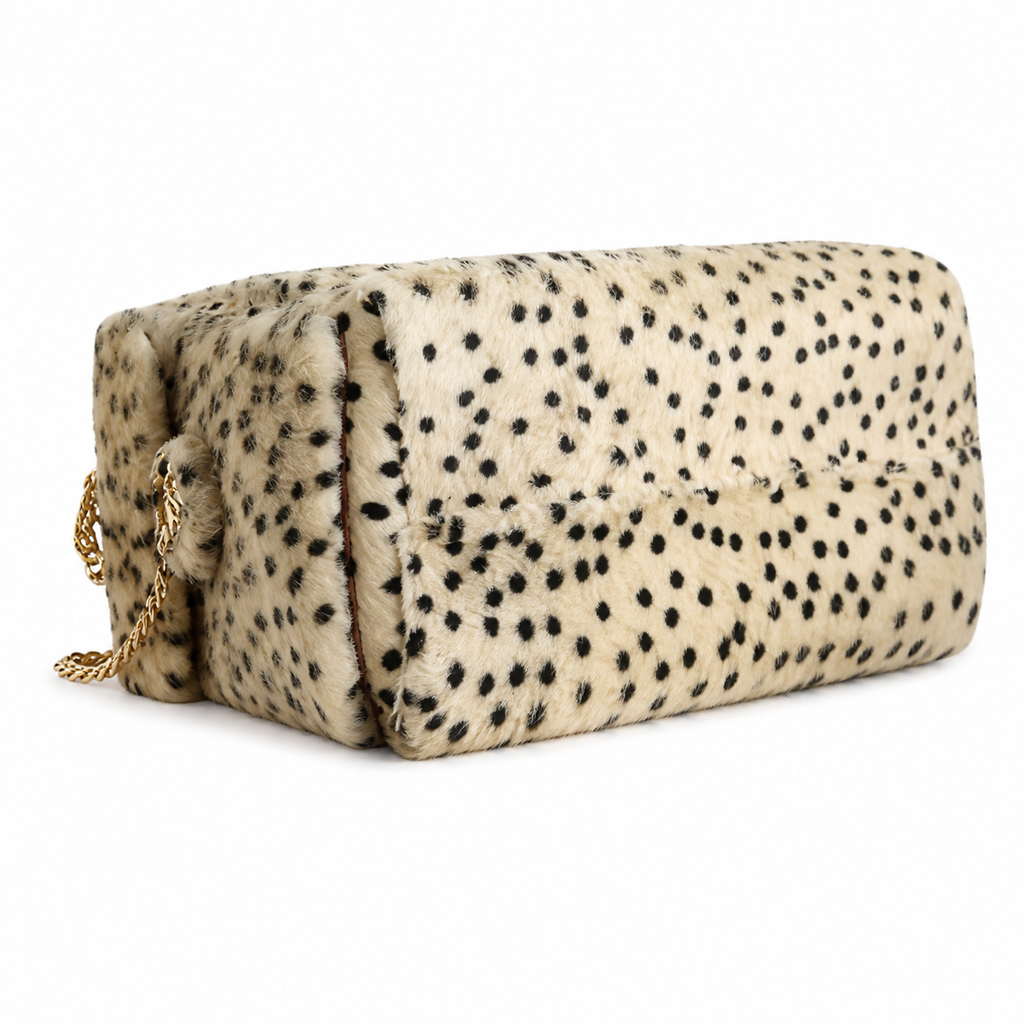 Chanel Spotted Faux Fur Fluffy Flap Bag Beige Black Gold Chain