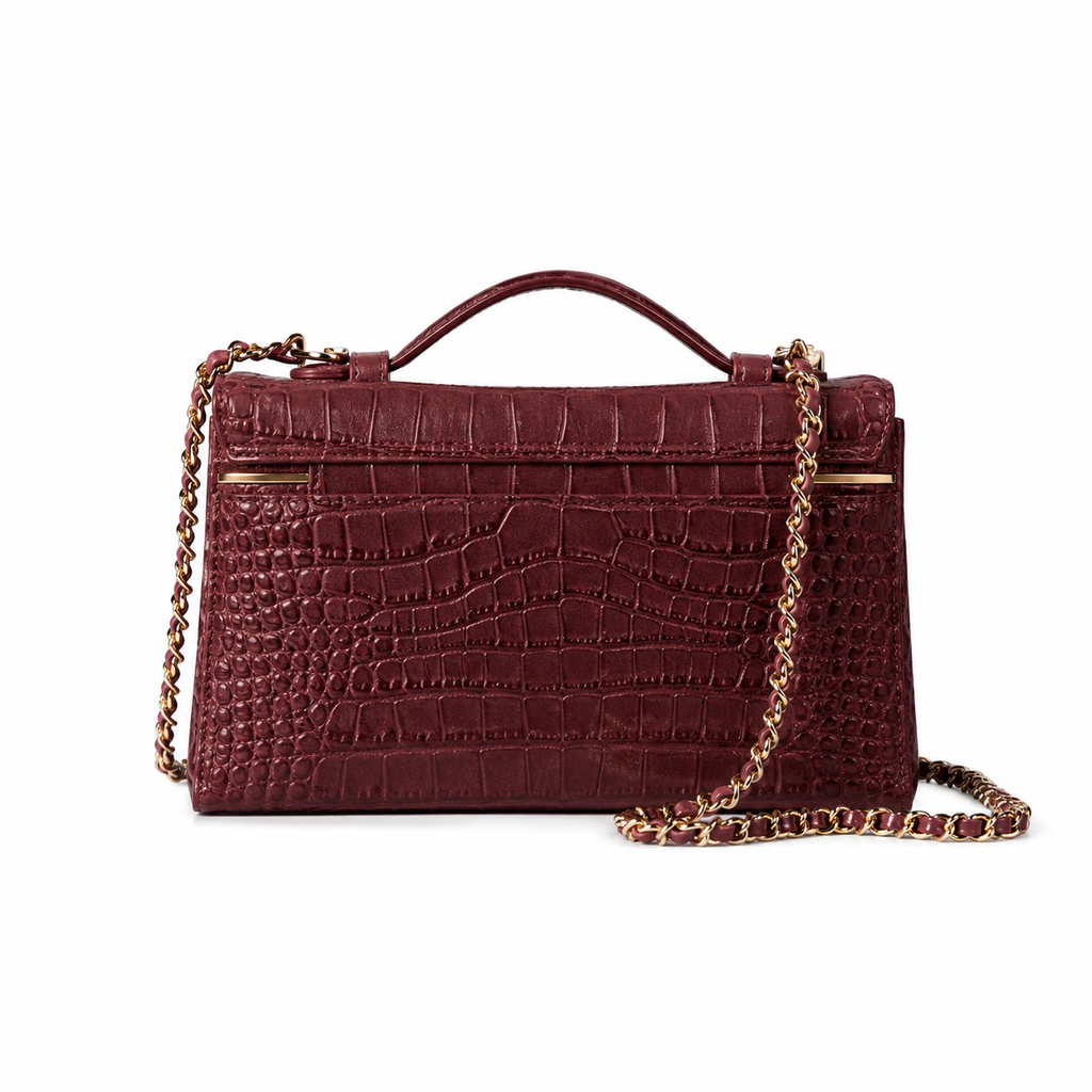 Chanel Burgundy Croc-Embossed Structured Box Bag | Full-Width Front Zip & Gold Chain