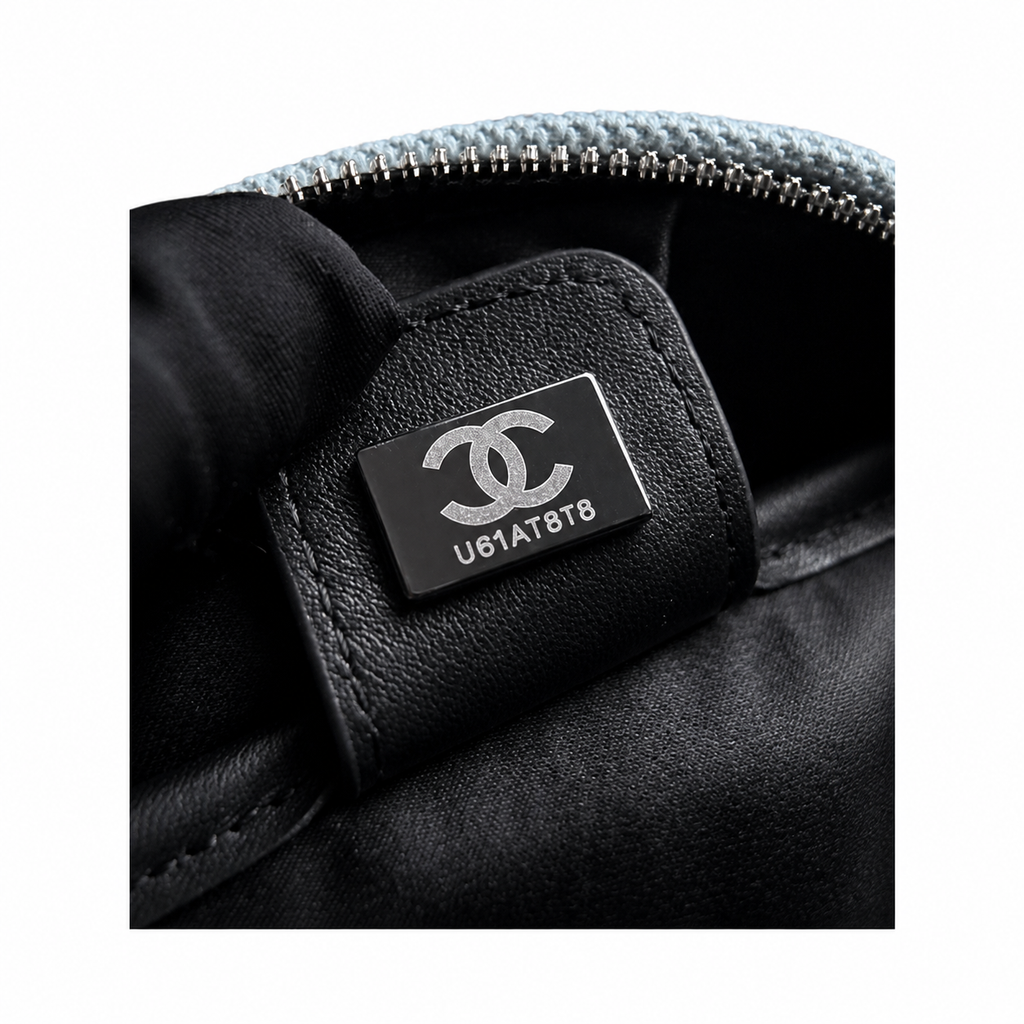 Chanel Ice Blue Canvas Oval Sport Shoulder Bag | Black CC | Adjustable Strap | 17×32×13cm