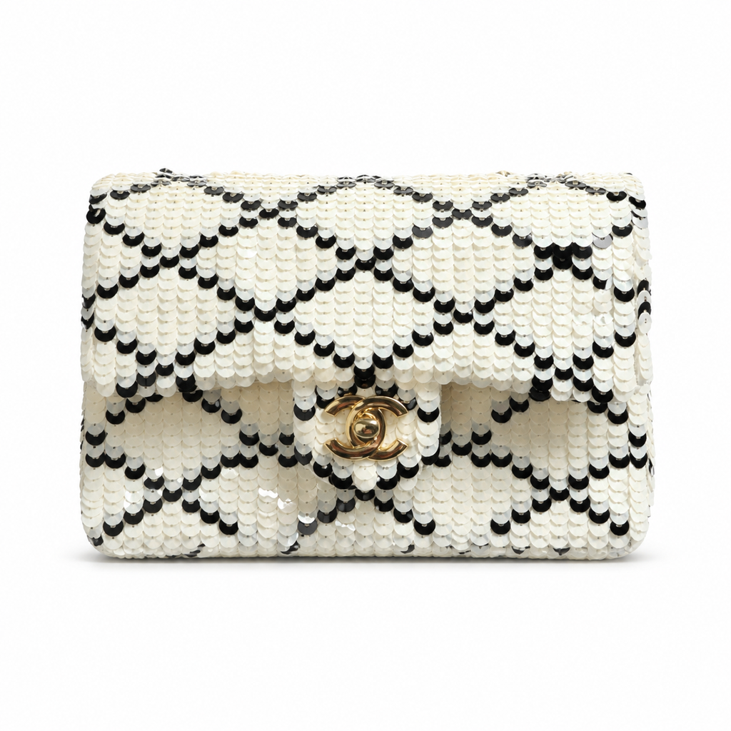 Chanel Black & White Sequin Quilted Classic Flap Shoulder Bag | Gold CC | 14×21×8cm