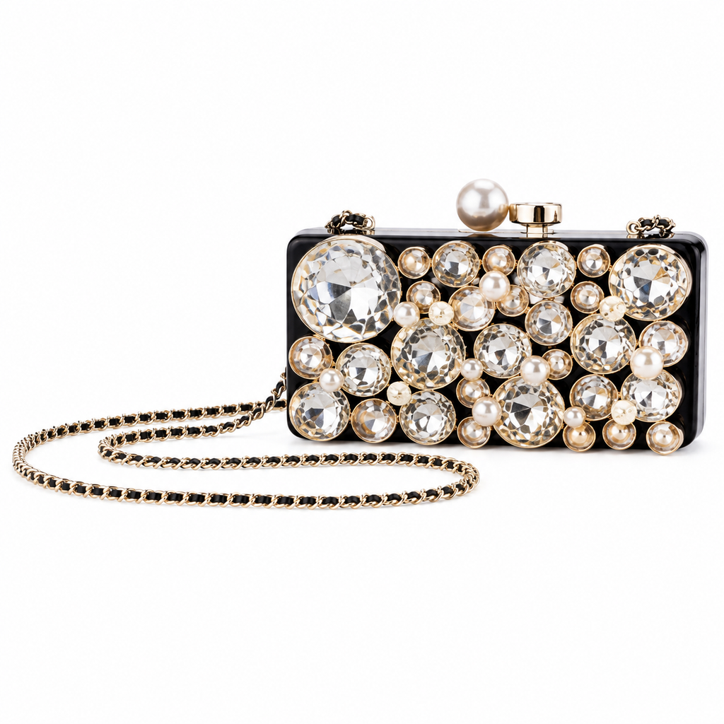 Chanel Black Crystal & Pearl Embellished Evening Box Clutch | Gold Chain | 16×11.6×6.8cm