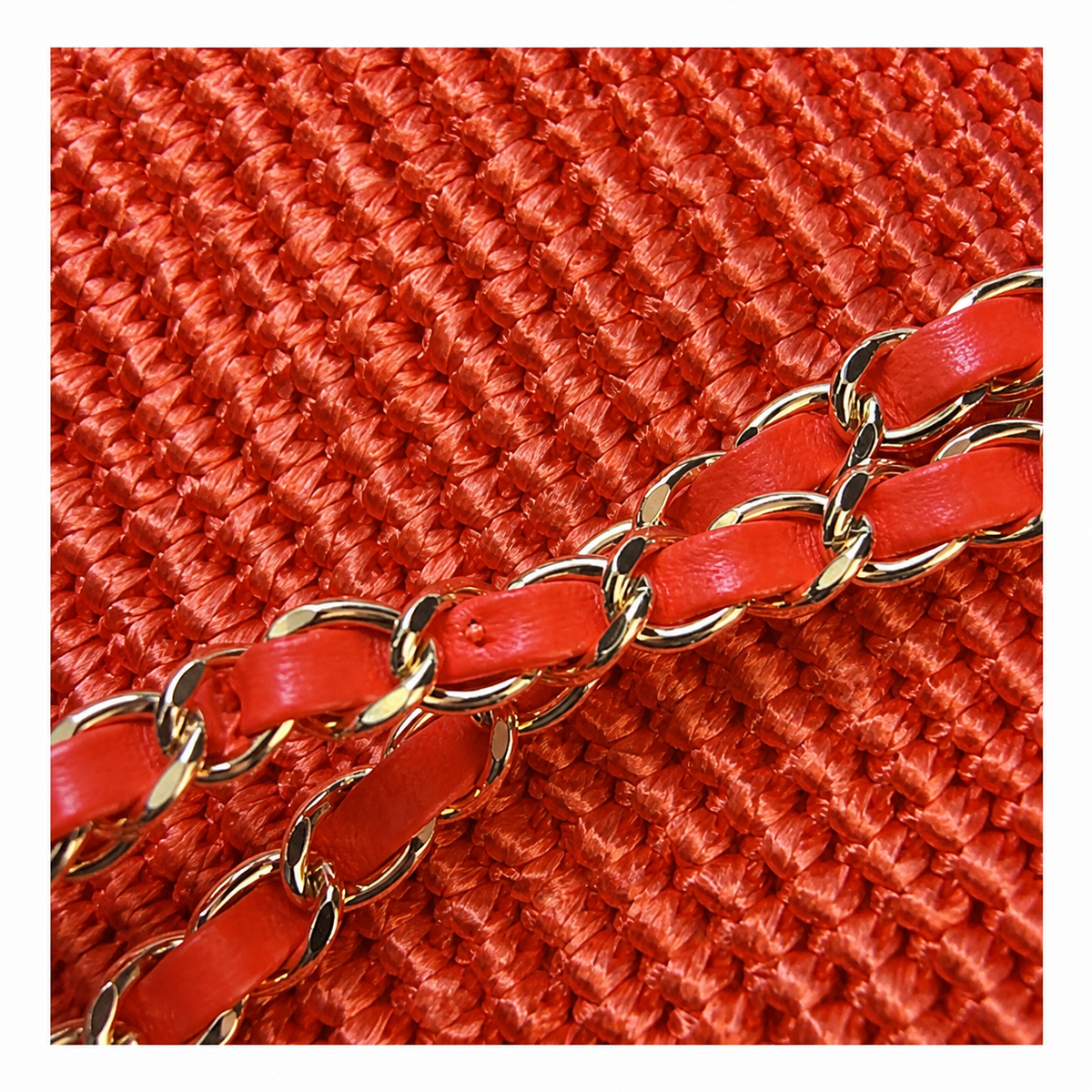 Chanel CC Raffia Woven Flap Bag | Orange-Red & Gold Chain — 25cm