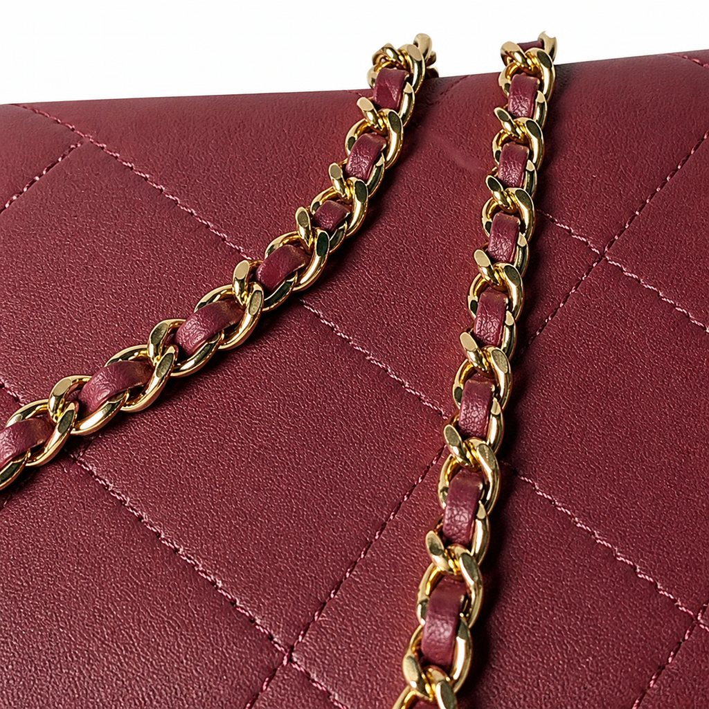 Chanel Mini Box Bag | Burgundy Quilted Lambskin Gold Chain Top Handle | 23cm