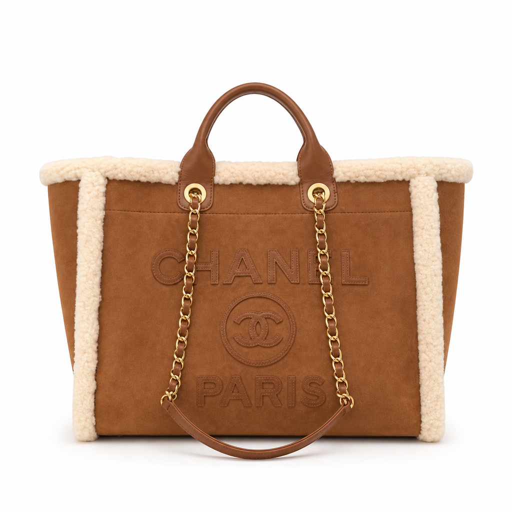 CHANEL Deauville Shopping Tote – Caramel Brown Suede Ivory Shearling Trim Gold Hardware 38cm