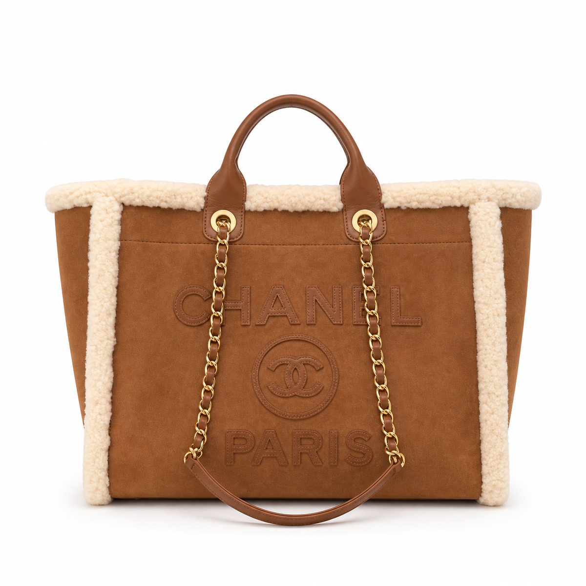 CHANEL Deauville Shopping Tote – Caramel Brown Suede Ivory Shearling Trim Gold Hardware 38cm