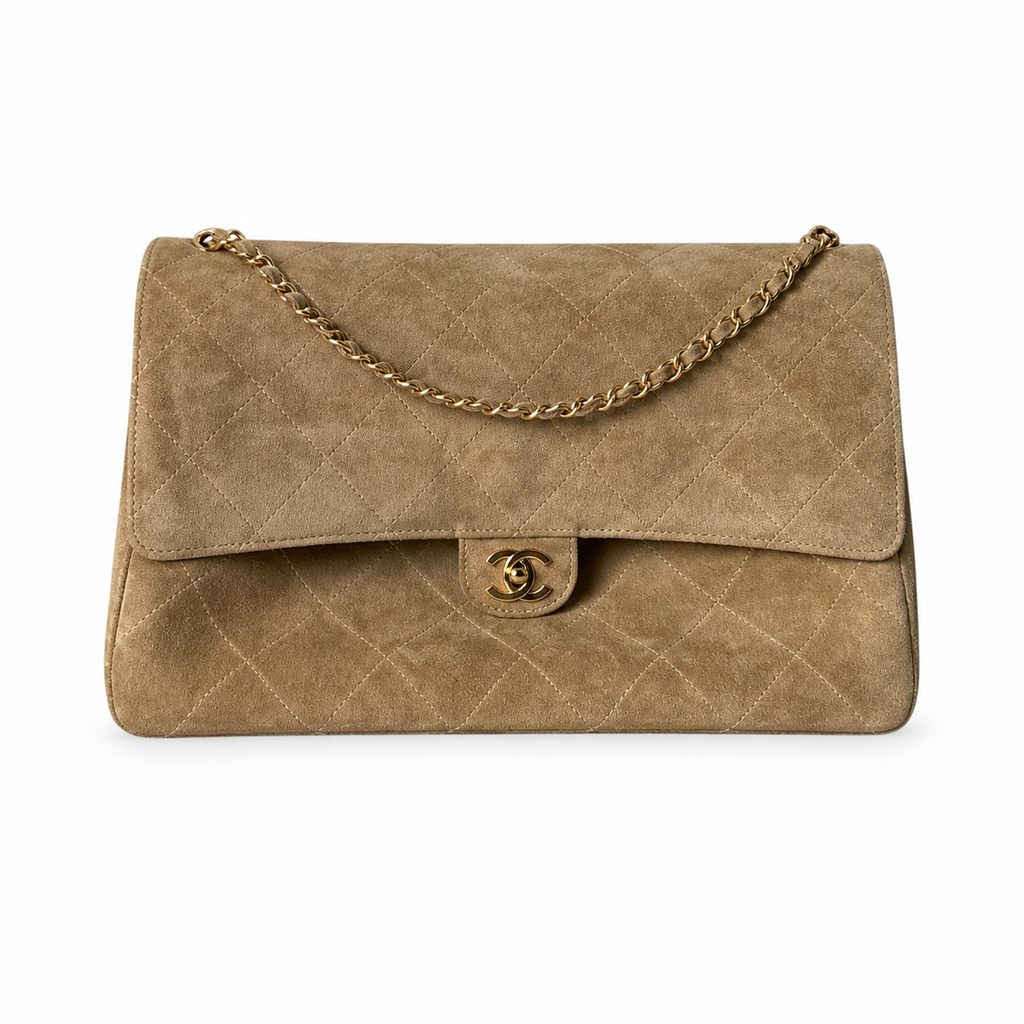 Chanel Camel Suede Quilted Jumbo Classic Flap Shoulder Bag | Gold CC Turn-Lock | Gold Chain | 39×28×12cm