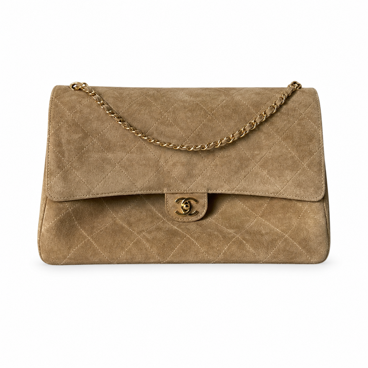 Chanel Camel Suede Quilted Jumbo Classic Flap Shoulder Bag | Gold CC Turn-Lock | Gold Chain | 39×28×12cm