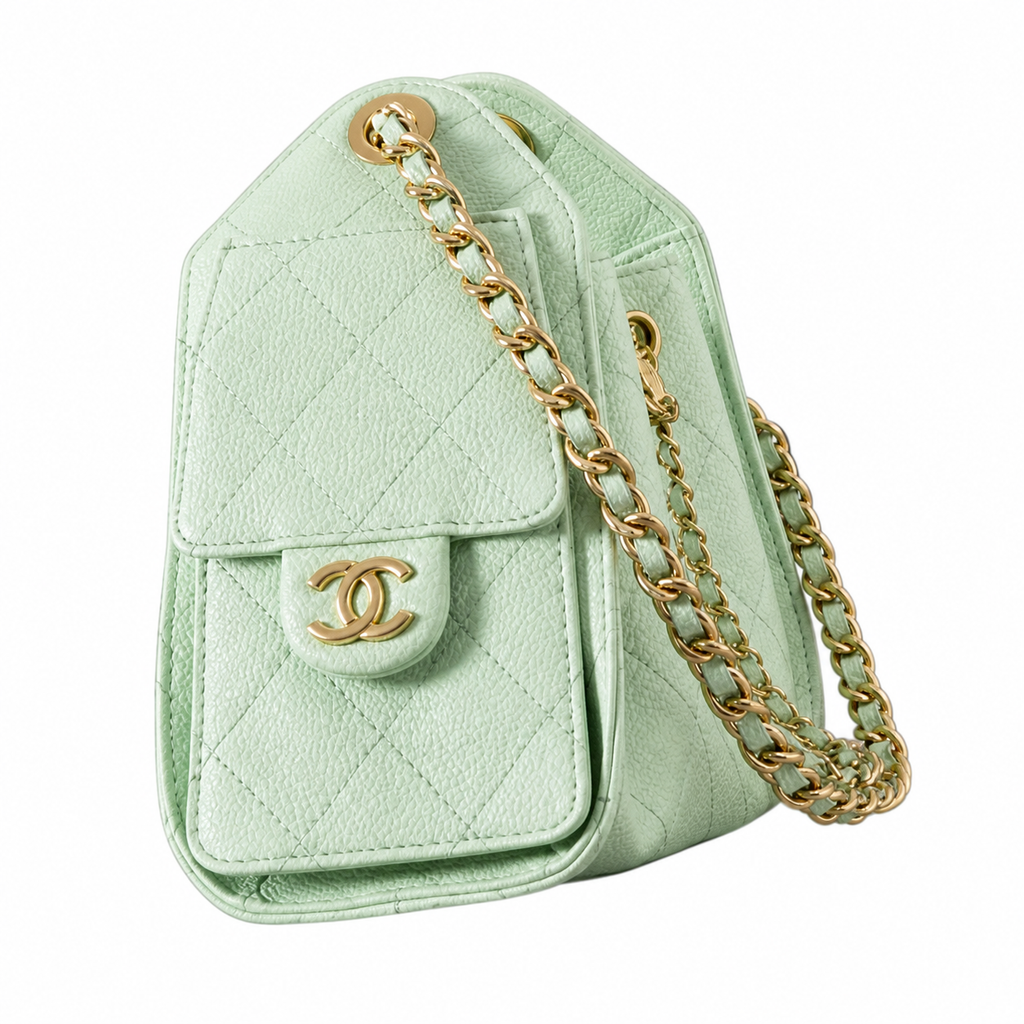 Chanel Mini Quilted Caviar Leather Backpack Mint Green Gold Hardware