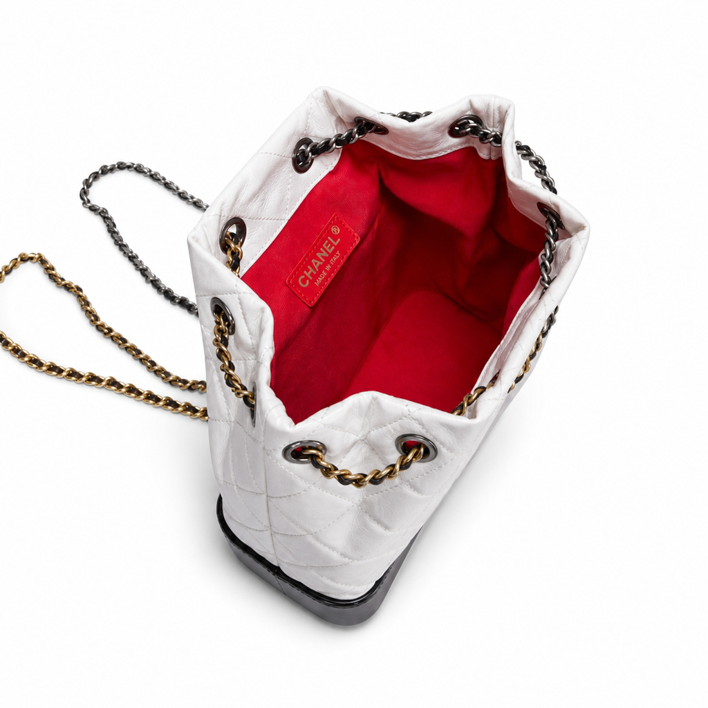 Chanel Gabrielle Backpack White Quilted Leather Black Patent Base Mixed Metal Hardware Red Interior Made in Italy 24cm
