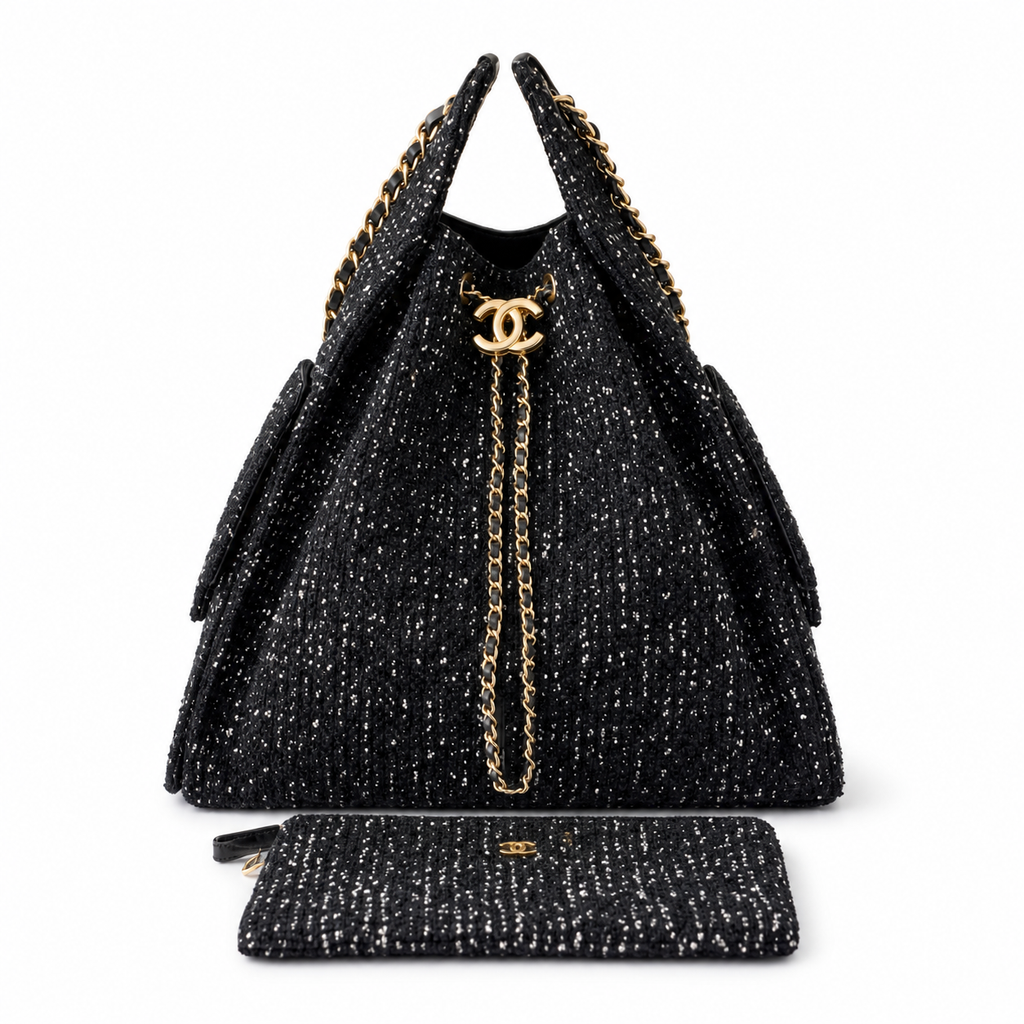 Chanel Black Sequin Tweed Large Drawstring Tote Bag with Pouch