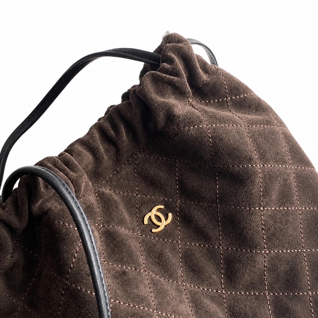 CHANEL Dark Brown Quilted Suede Drawstring Bucket Bag Gold CC