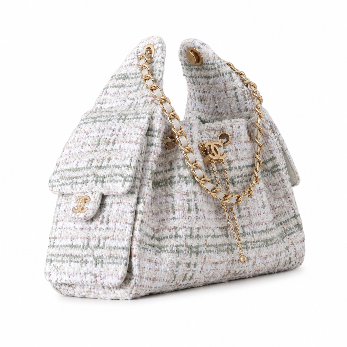 CHANEL Drawstring Bucket Bag – Ivory Pastel Tweed Light Gold Hardware CC Chain 26×13.5×30cm
