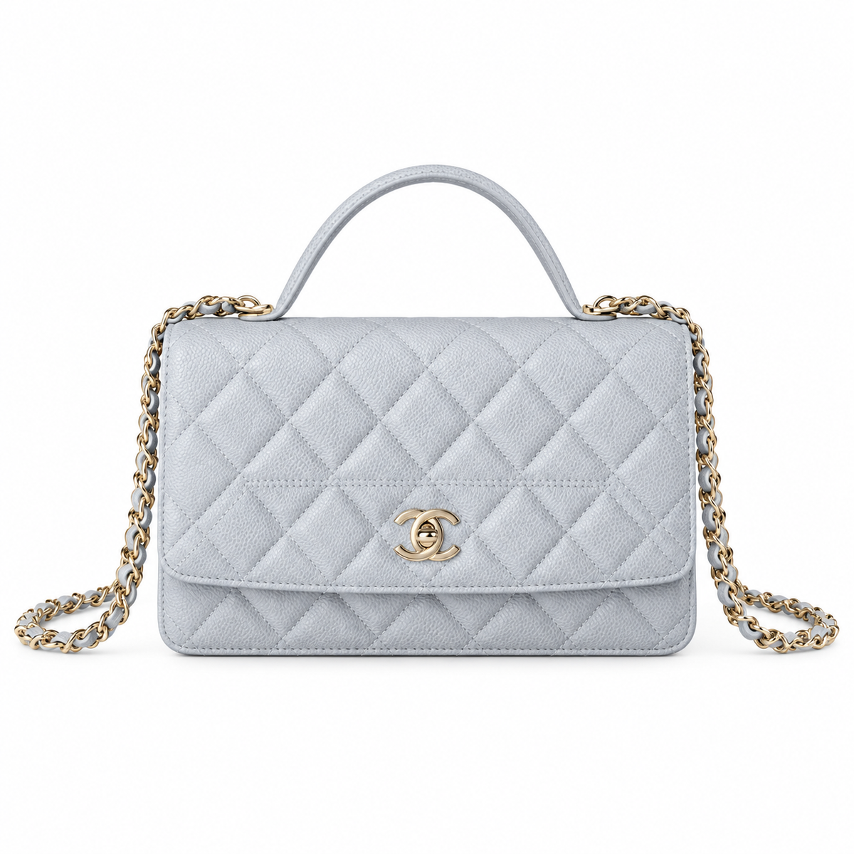 Chanel Mini Flap Bag with Top Handle Iridescent Light Blue Caviar Gold Hardware 18.5cm