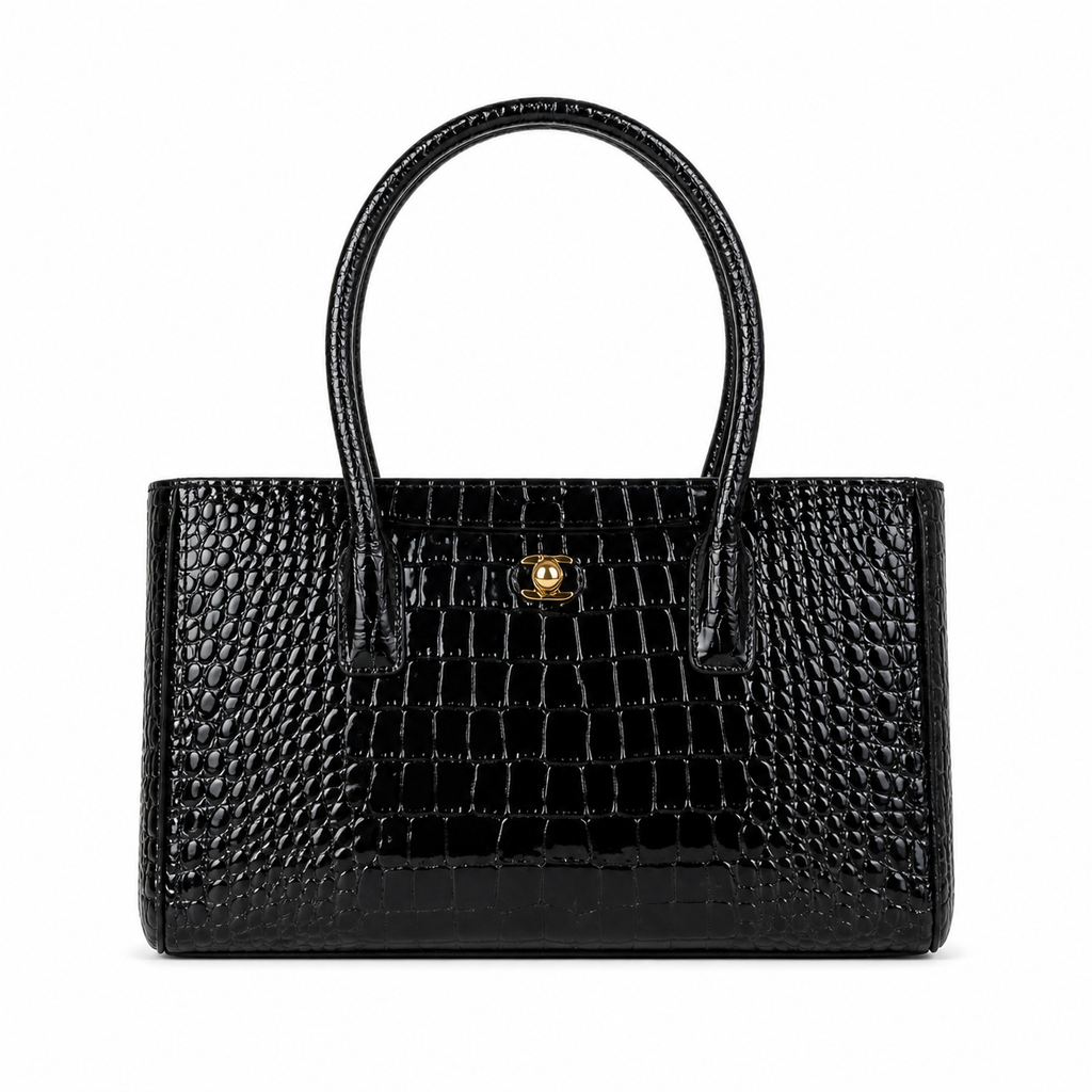 CHANEL Black Patent Croc-Embossed Leather Large Tote Bag CC Turn-Lock