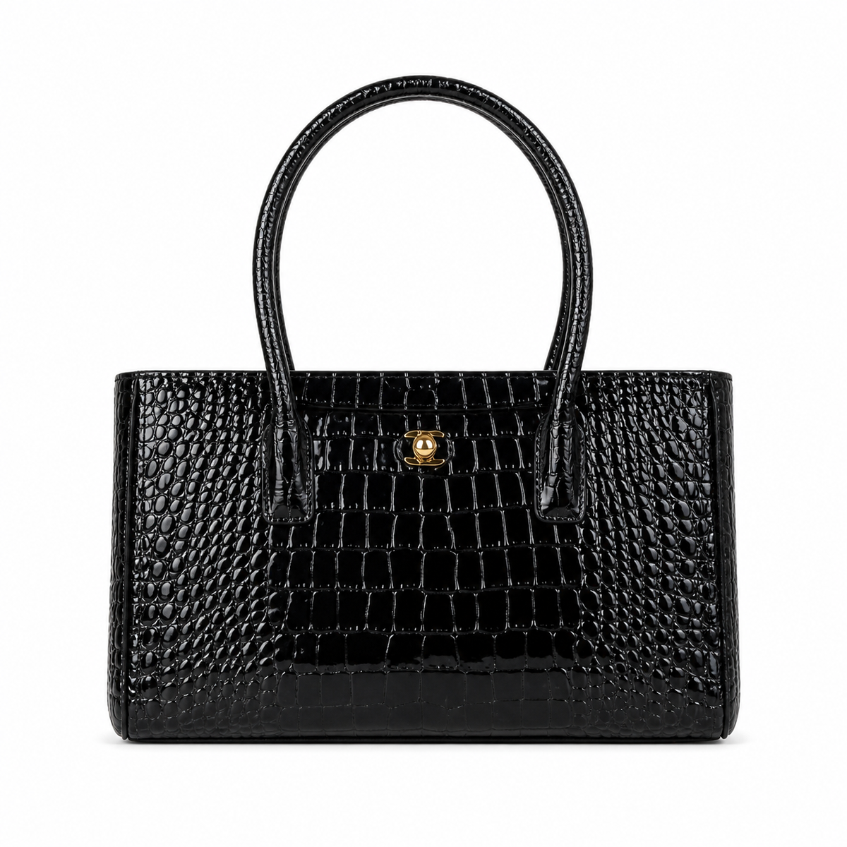 CHANEL Black Patent Croc-Embossed Leather Large Tote Bag CC Turn-Lock