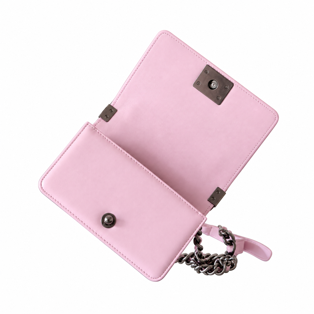 Chanel Boy Bag Small Light Pink Smooth Leather Ruthenium Silver Hardware Chunky Chain Crossbody 20cm