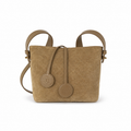 Chanel Camel Suede Quilted Bucket Crossbody Bag | Dual CC Leather Medallions | Top Handle & Strap | 20×18×12cm