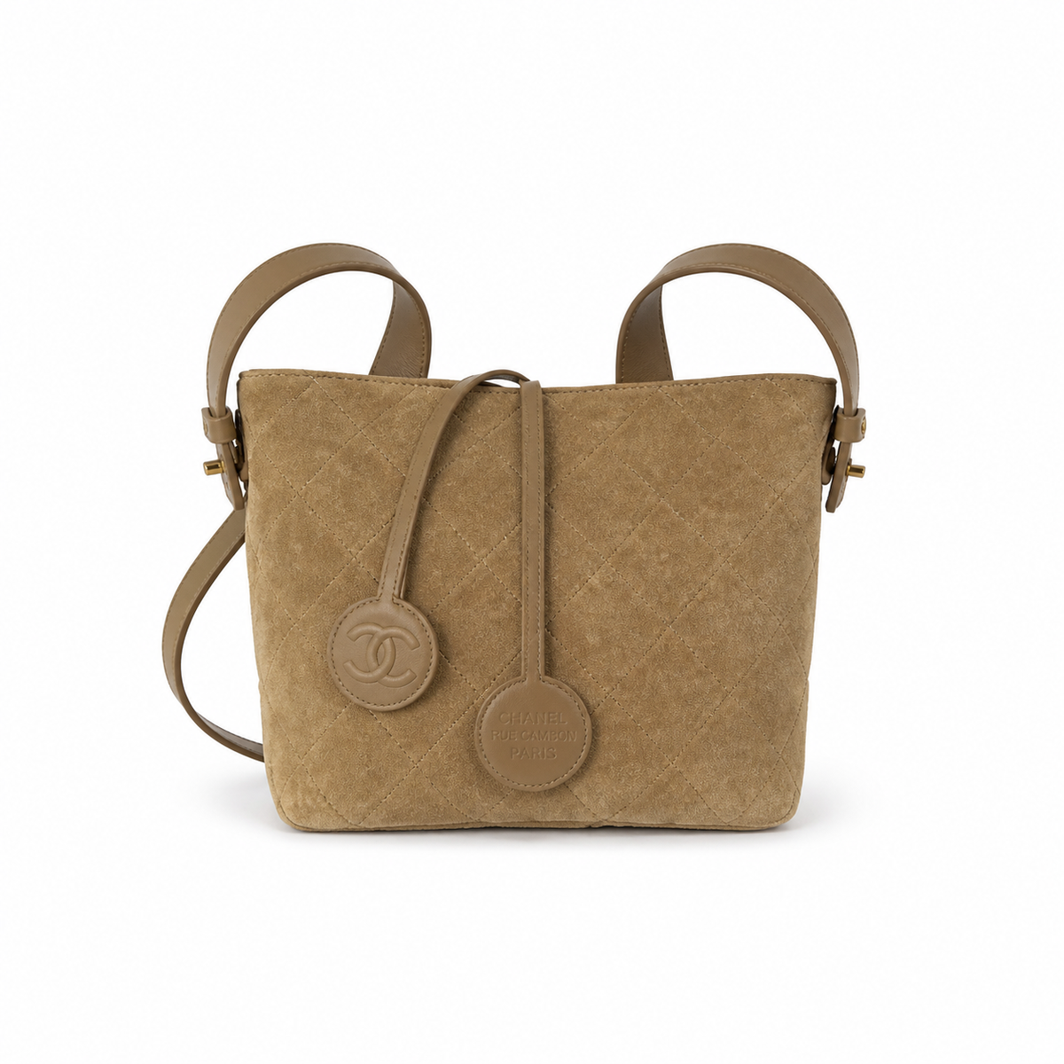Chanel Camel Suede Quilted Bucket Crossbody Bag | Dual CC Leather Medallions | Top Handle & Strap | 20×18×12cm