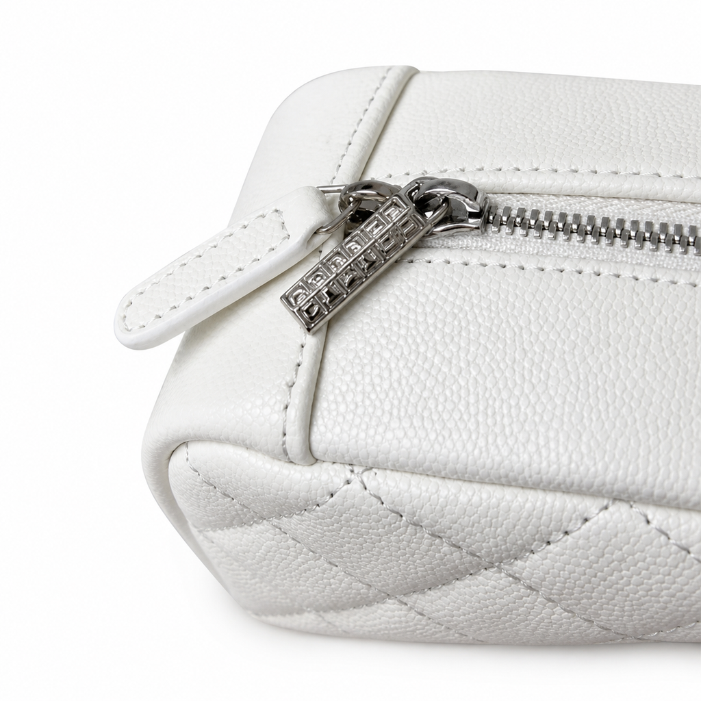Chanel White Caviar Quilted Zip-Around Vanity Travel Case Silver CC Logo Engraved Zipper Pull Silver Hardware 21cm