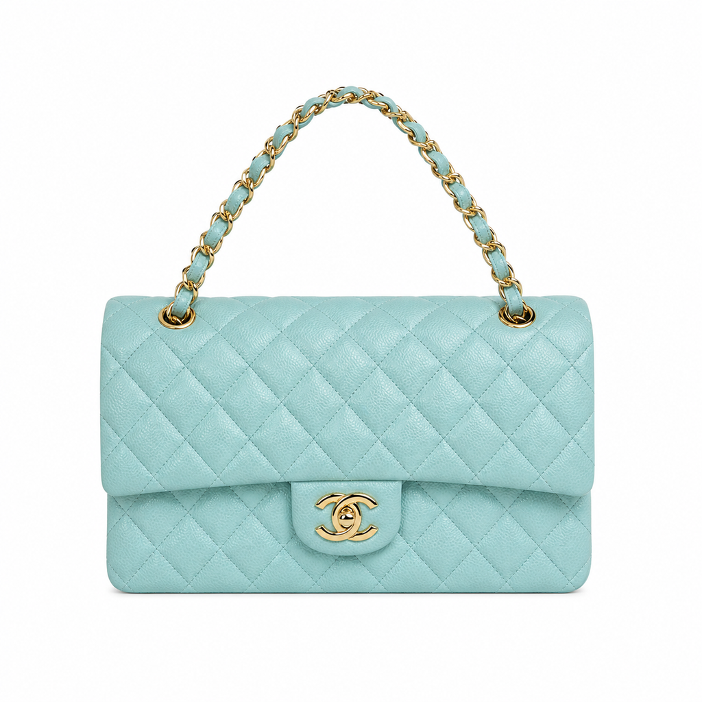 Chanel Classic Double Flap Bag Medium Mint Green Quilted Leather Gold CC Turn-Lock Chain 25.5cm
