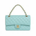 Chanel Classic Double Flap Bag Medium Mint Green Quilted Leather Gold CC Turn-Lock Chain 25.5cm
