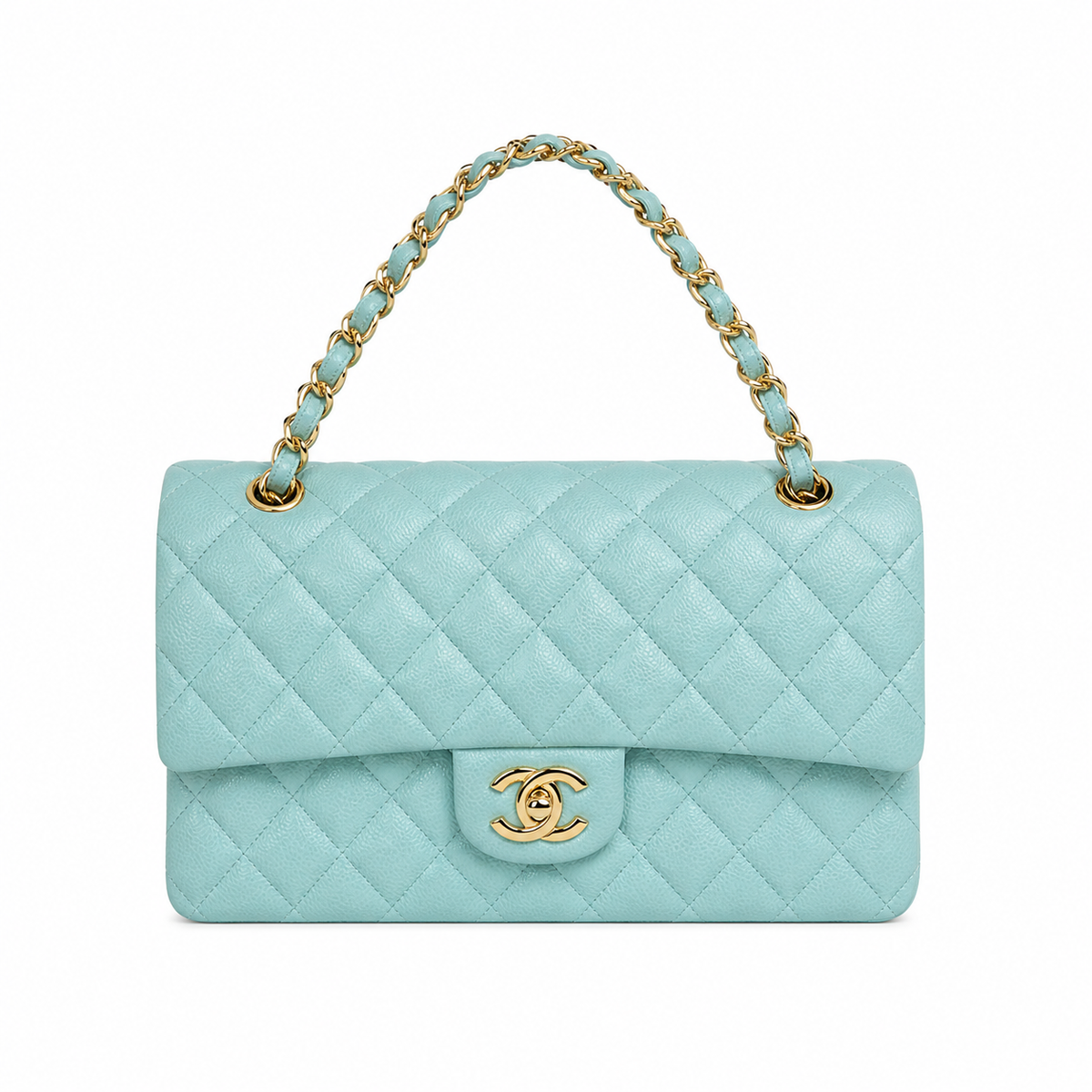 Chanel Classic Double Flap Bag Medium Mint Green Quilted Leather Gold CC Turn-Lock Chain 25.5cm