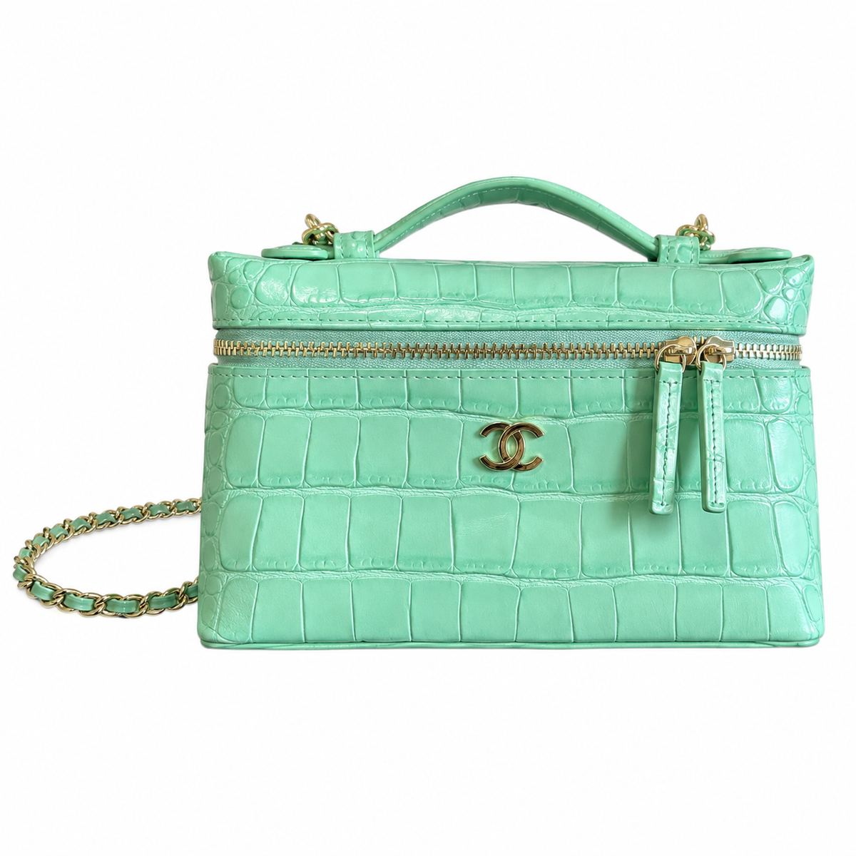 Chanel Mint Green Croc-Embossed Leather Vanity Case Crossbody Bag | Gold CC | 19.5×17×5cm