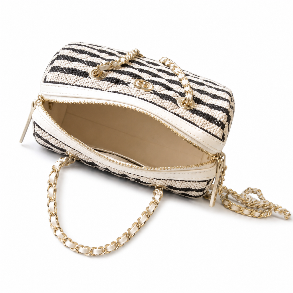 Chanel Black White Striped Woven Raffia Bowling Bag Gold Chain Strap CC Zip Pull Cream Leather Trim 18.5cm