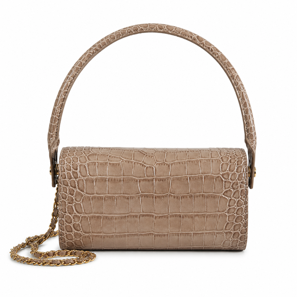 Chanel Taupe Croc-Embossed Leather Barrel Flap Crossbody Bag | Gold Chain | 11×23×12.5cm