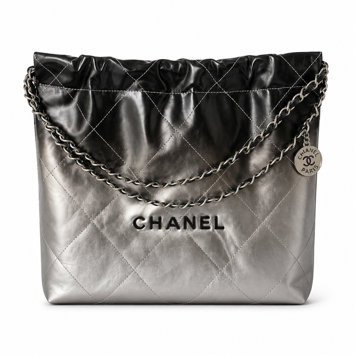 Chanel 22 Large Bag Black Silver Gradient Metallic Calfskin Silver Chain 35cm
