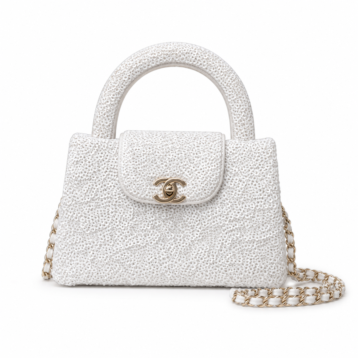 Chanel White Pearl Sequin Kelly Top Handle Bag Silver CC Chain Bridal Evening