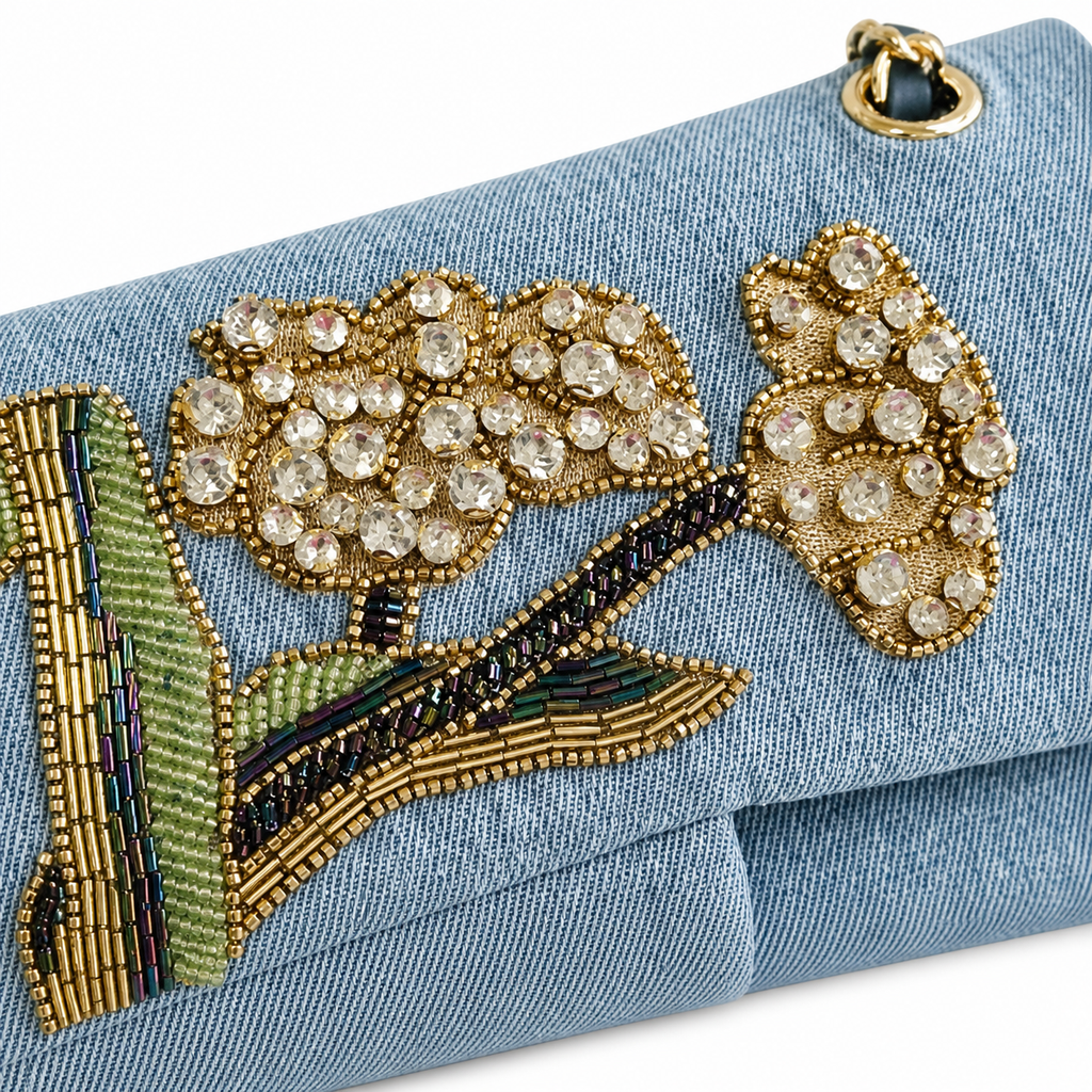 CHANEL Blue Denim Crystal Floral Embroidered Flap Chain Bag