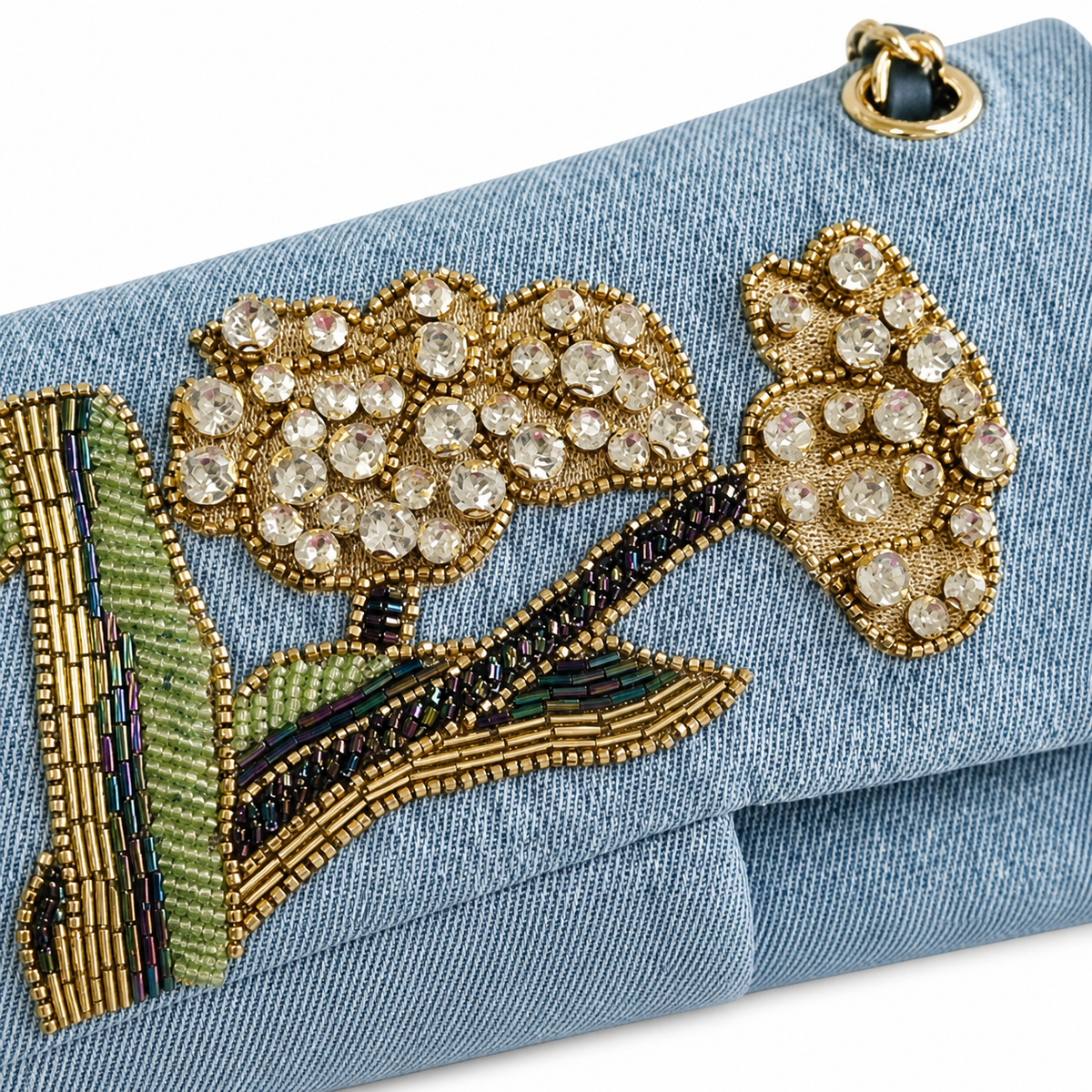 CHANEL Blue Denim Crystal Floral Embroidered Flap Chain Bag