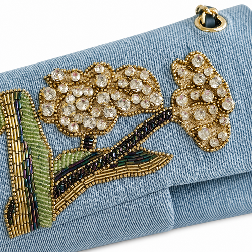 CHANEL Blue Denim Crystal Floral Embroidered Flap Chain Bag